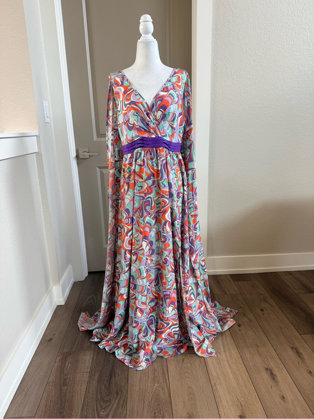 Unique vintage Multi-Color Swirl Maxi Dress with cape size large